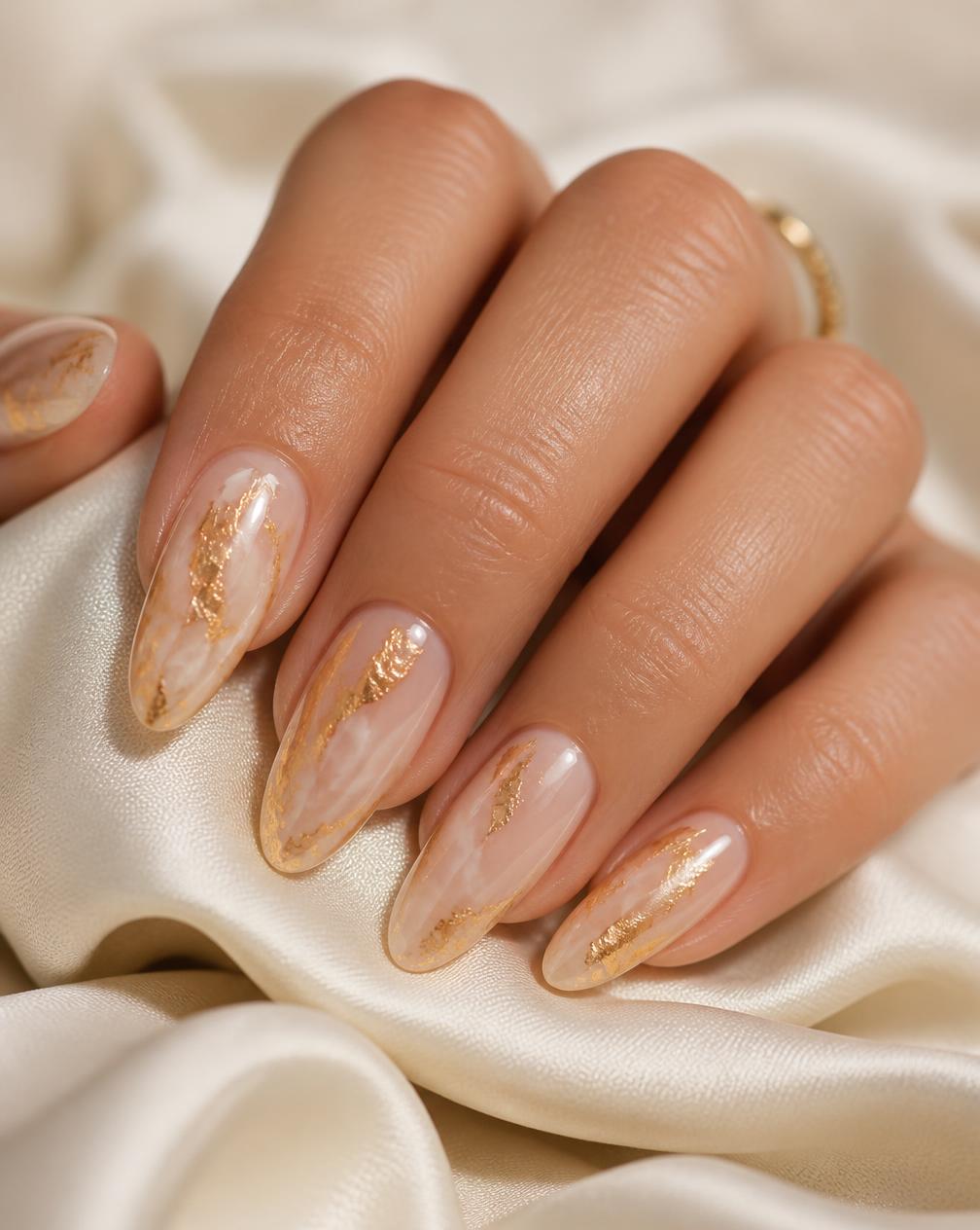 Nail art feuille d'or sur base laiteuse
