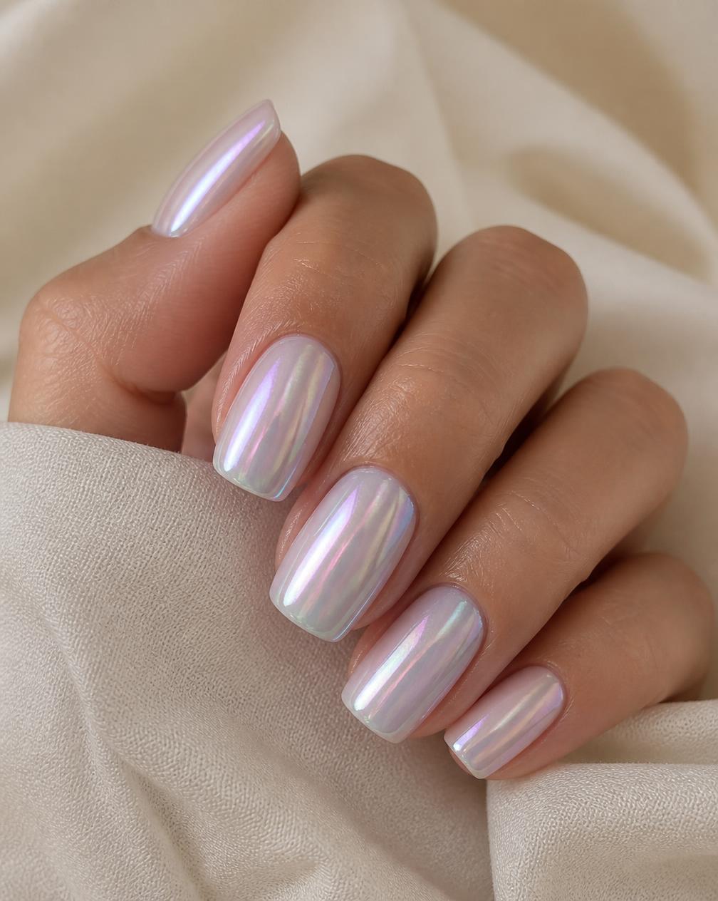 Pose Gel X effet chrome nacré