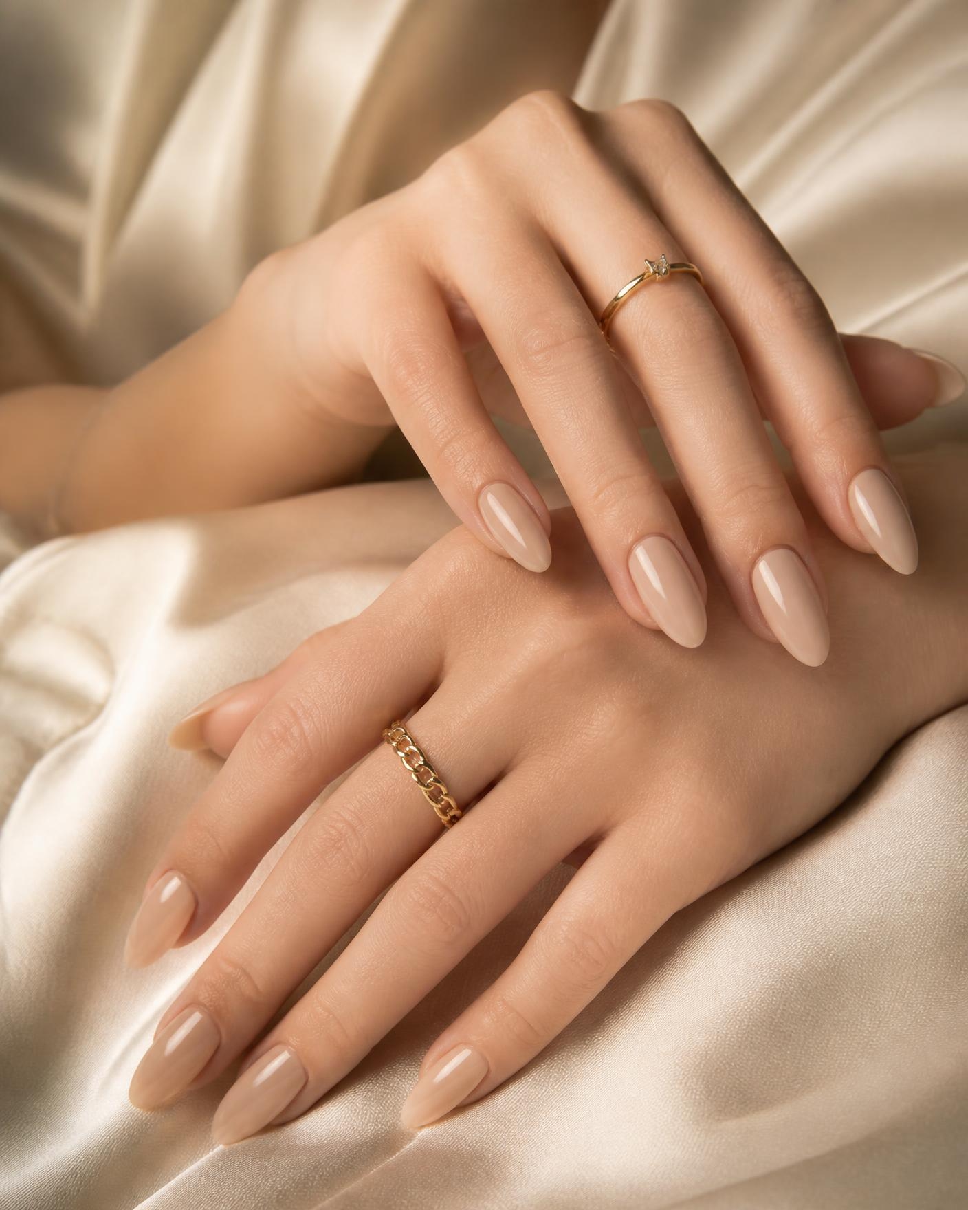 Mains aux ongles en gel beige nude posés sur de la soie crème